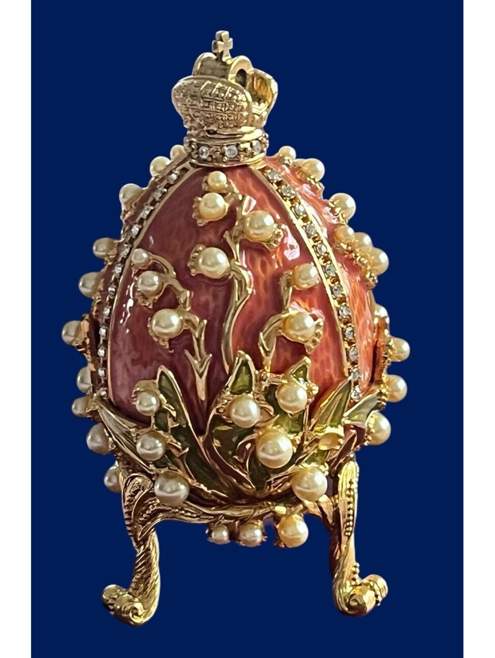 VNTG Joan Rivers Lily Of The Valley Faberge Pearl Egg Stand OG Box Swarovski